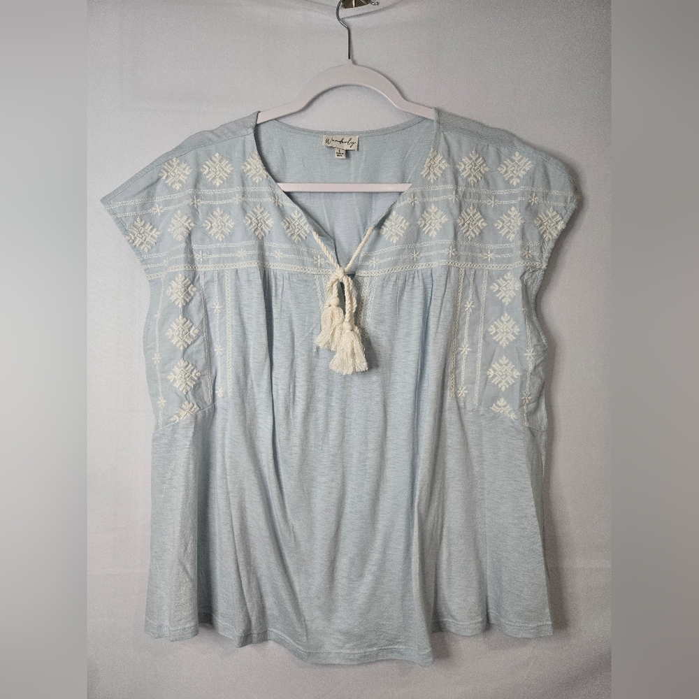 Wonderly Light Blue Embroidered Blouse with Tassel Size Large